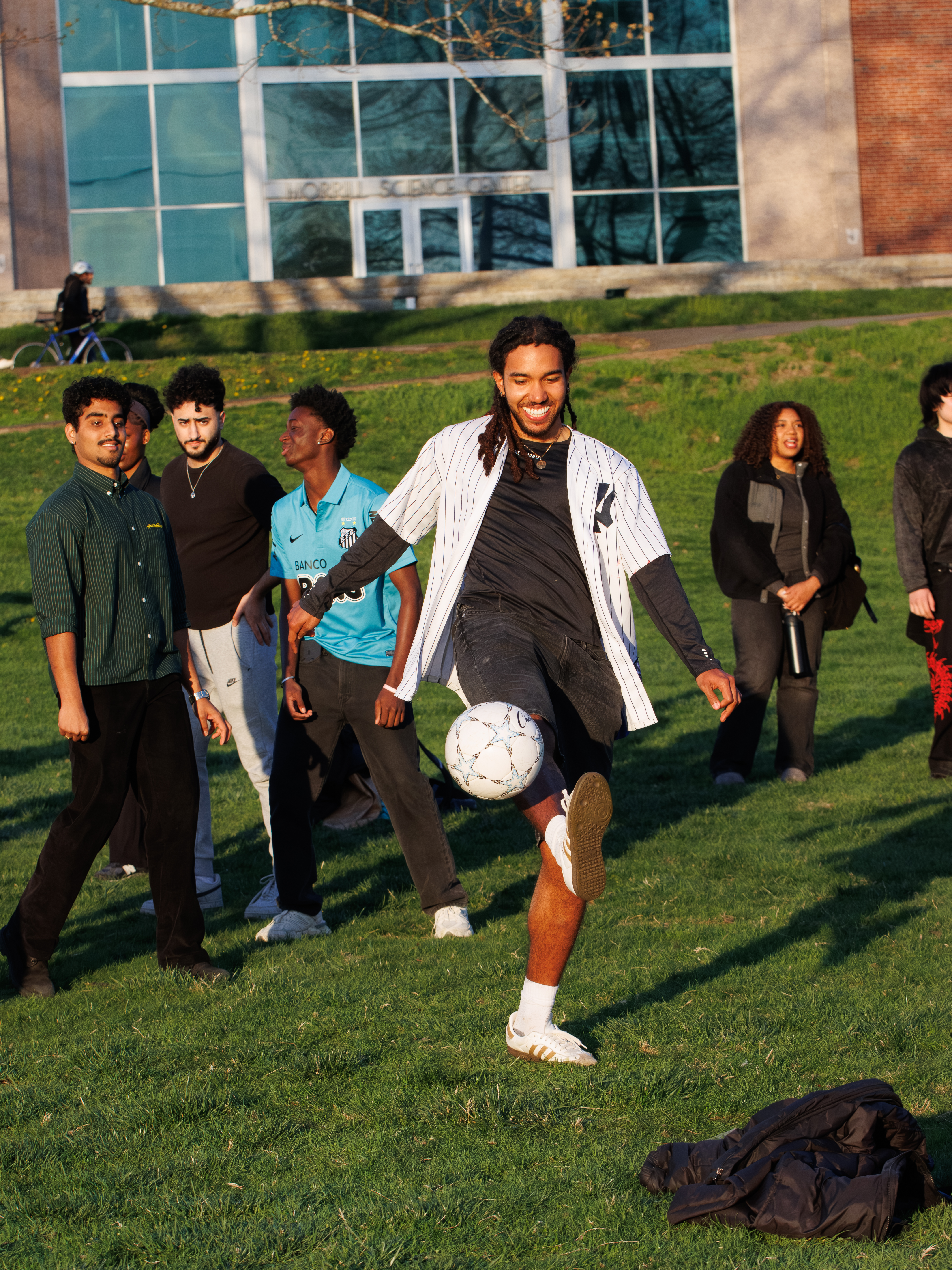 Playing soccer on a green field